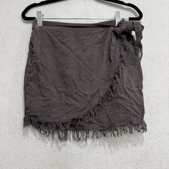 Natural Life Skirt Womens Medium Charcoal Gray Wrap Fringe Mini Boho Tie Waist - Picture 1 of 8
